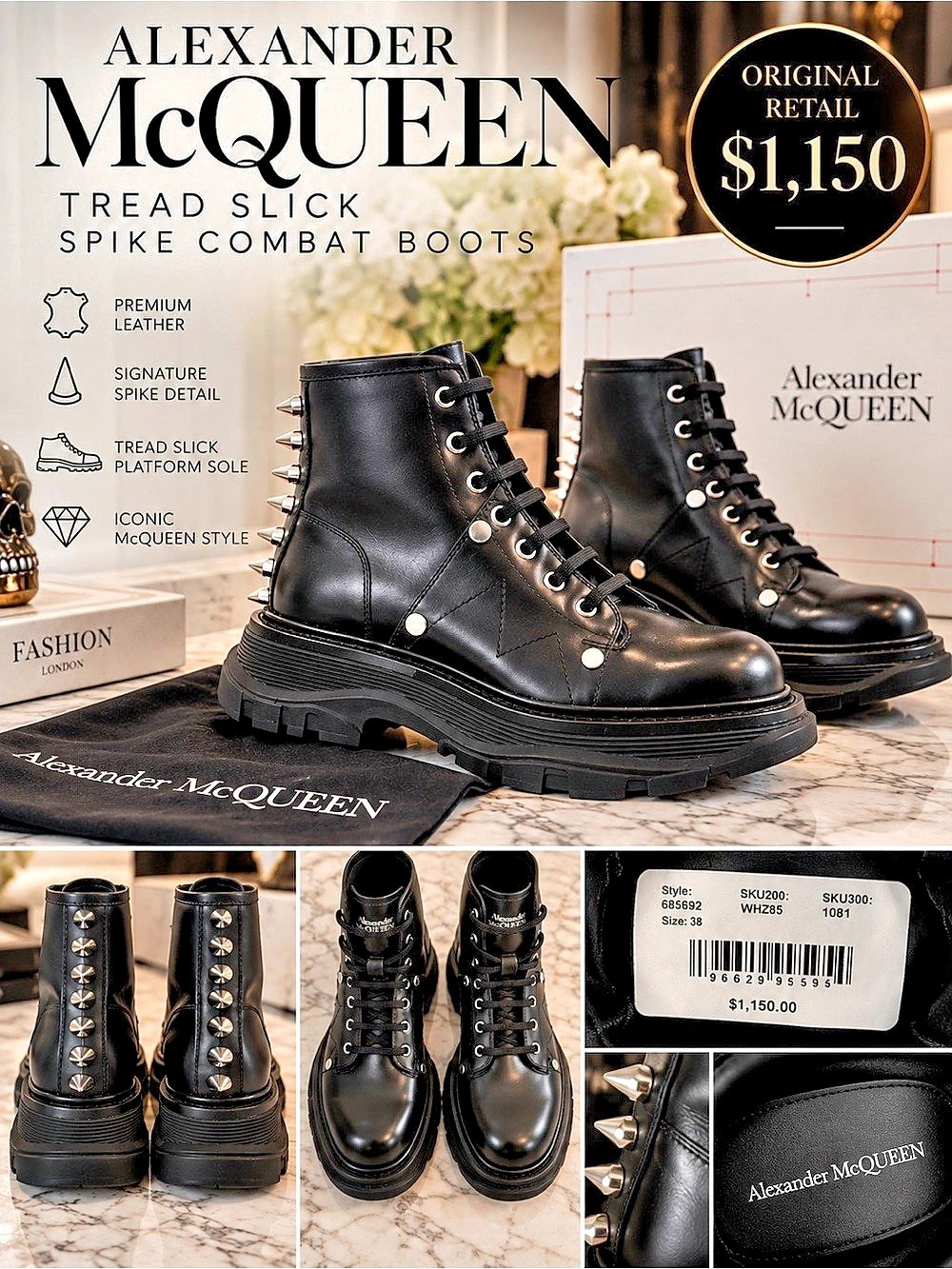 Alexander McQueen Tread Slick Leather Lace Up Spike Combat Boots Spike Combat